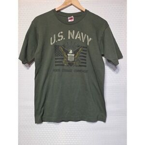 US Navy Graphic T-Shirt Mens Medium Olive Green Bayside Made in USA Cotton Tee
